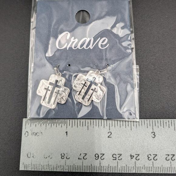 Crave Three Cross Drop Earrings Silver Tone Christian Religious Jewelry New - Picture 6 of 6